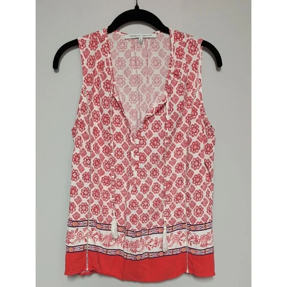 Collective Concepts White and Red Floral Tassel Sleeveless V-Neck Top